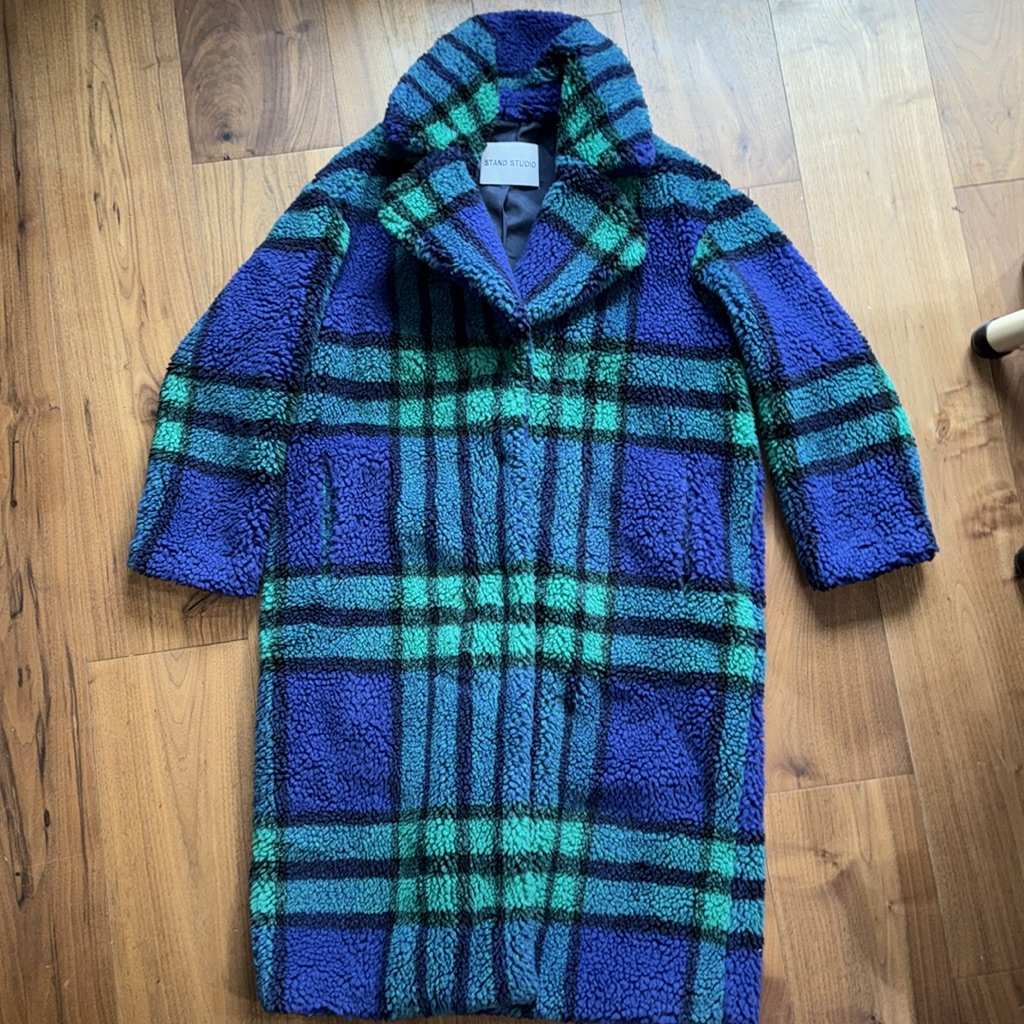 Stand Studio Faux Fur Windowpane Coat Jacket / Purple Green Check / S